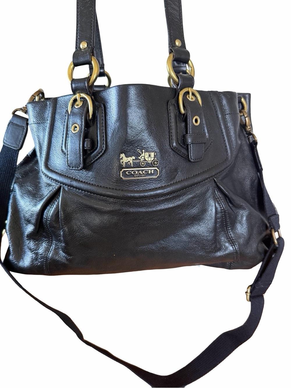 Coach Black Leather Shoulder Bag with Brass Hardware